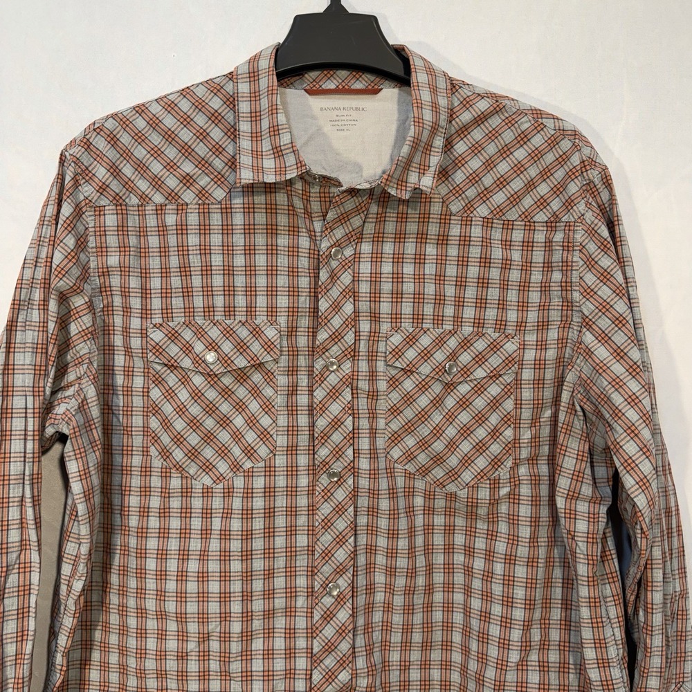 Banana Republic Western Shirt Mens Slim‎ XL Plaid Pearl Snap Long Sleeve Rustic